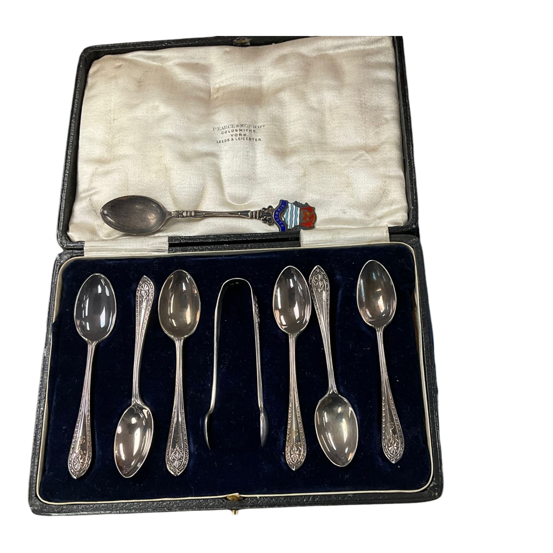 cased sets of six silver teaspoons and one sugar tongs, hallmarked together with another silver spoon, hallmarked  