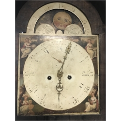 19th century oak and mahogany longcase clock, hood with scrolled pediment over stepped arch glazed door, fluted column pilasters, the shaped and banded trunk door enclosed by two fluted quarter columns, enamel painted moonphase dial, eight day movement striking on bell, H234cm (two weights and pendulum)