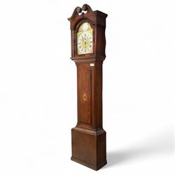 19th century-Unsigned 8-day oak and mahogany longcase clock, with a swan neck pediment and...