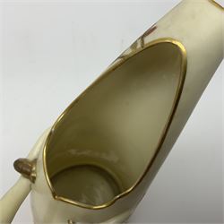 Royal Worcester tusk jug, blush ivory ground, with floral design, stamped 1116 to the base,, together with pair figures of a young boy and girl in the style on Kate Greenaway 