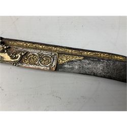 19th century Singhalese knife pia kaetta, the 20cm steel blade inset with yellow and white metal, with metal mounted carved pistol grip, in plain wooden scabbard L33cm overall