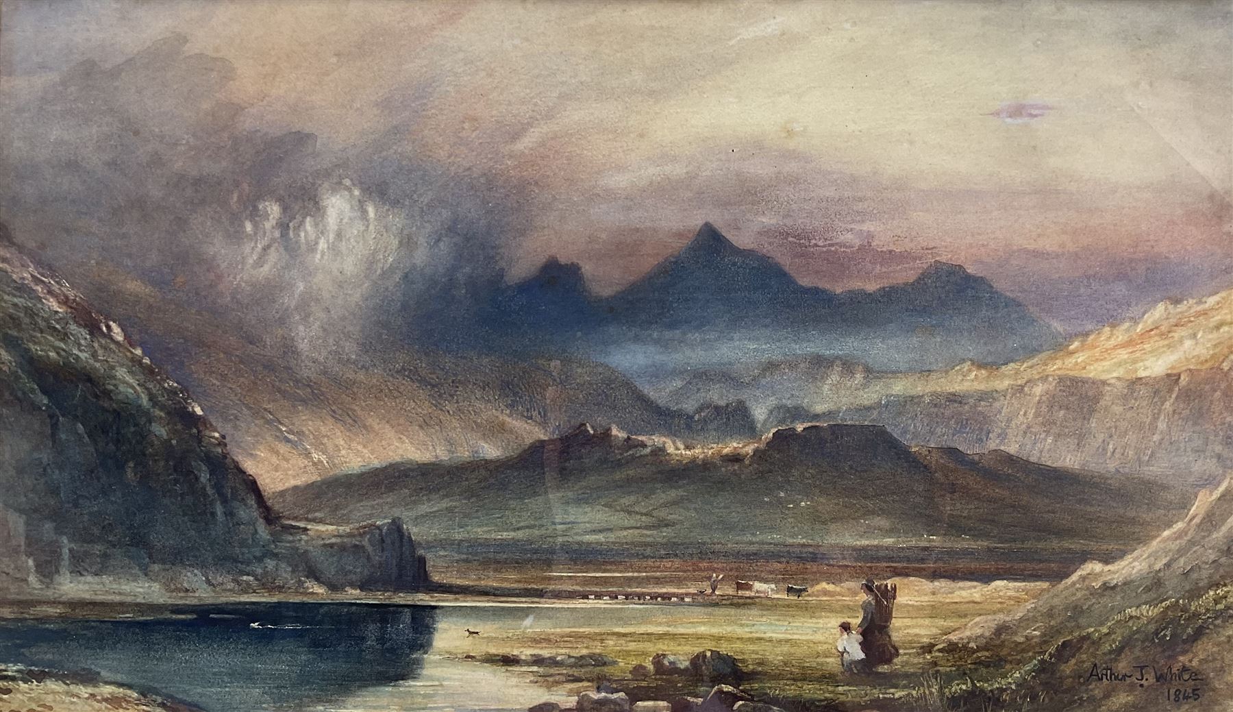 George Parr Popkin (British 1813-1899): 'Snowdon Viewed from above the Dolwyddelan Valley - Thunderstorm at Sunset', watercolour, signed with initials and titled verso (within the frame), bearing spurious later signature and date 1845 recto 25cm x 43cm
