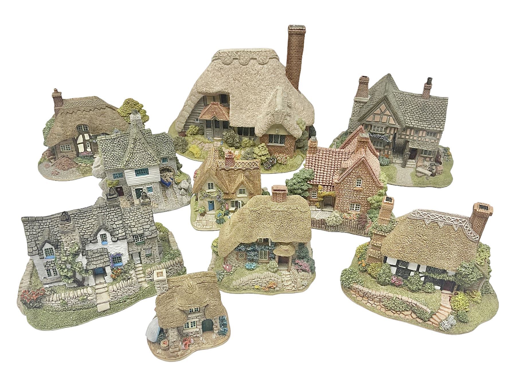 Ten Lilliput Lanes, comprising from Midlands Region Witham Delph, Jun and Disorderly, From South West Region Puffin Row, Moonlight Cove, The Cuddy, and from South West Region, The Rustlings, Saxton Cottage (1988), Marigold Meadow, Calendar Cottage and Little Lupins, all with boxes and deeds 