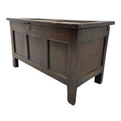 Early 19th century oak blanket box, three panel front, hinged top