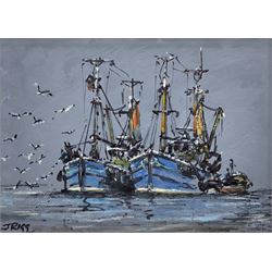 Jack Rigg (British 1927-): Moored Trawlers, oil and felt pen on board signed, dated 2014 verso 18cm x 24cm