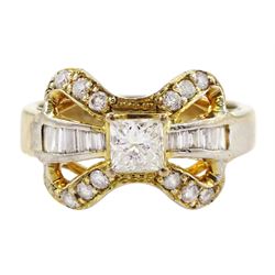 14ct gold diamond bow ring, the central princess cut diamond of approx 0.30 carat, with baguette and round brilliant cut diamond surround, stamped 585
