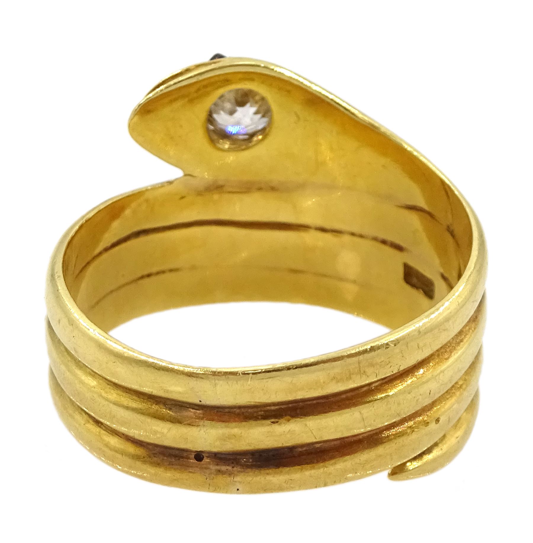 Victorian 18ct gold coiled snake ring, the head set with a single stone diamond and stone set eyes, makers mark EB, London 1886, diamond approx 0.35 carat