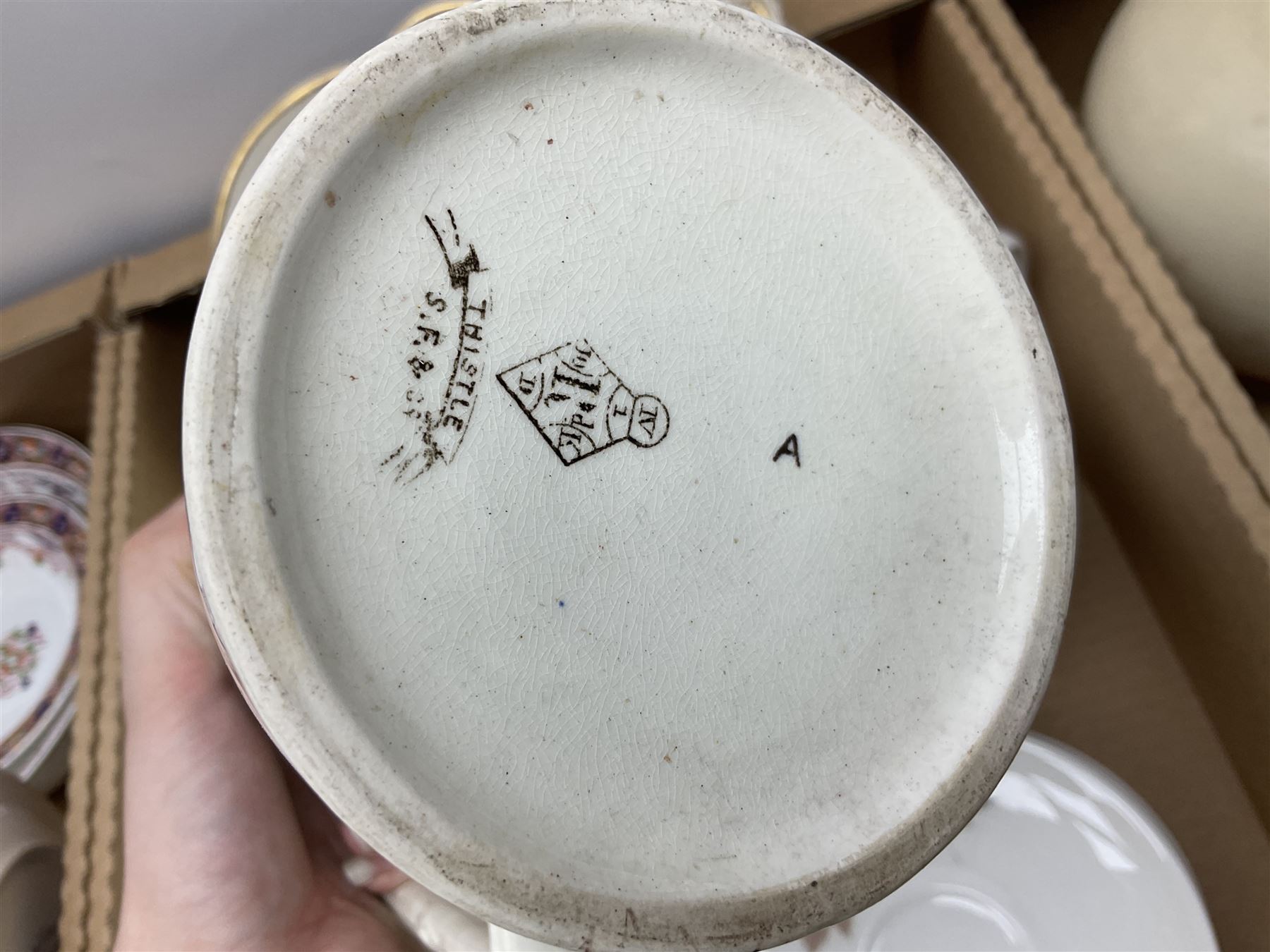 Denby Greenwheat pattern dinner wares, together with Royal Doulton Tumbling Leaves pattern tea and dinner wares, Royal commemorative ceramics including Wedgwood Jasperware table lighter, pair of Victorian glass hand painted vases, large blue and white urn with lid, Noritake part tea set, Staffordshire style dog and other ceramics and collectables, in boxes