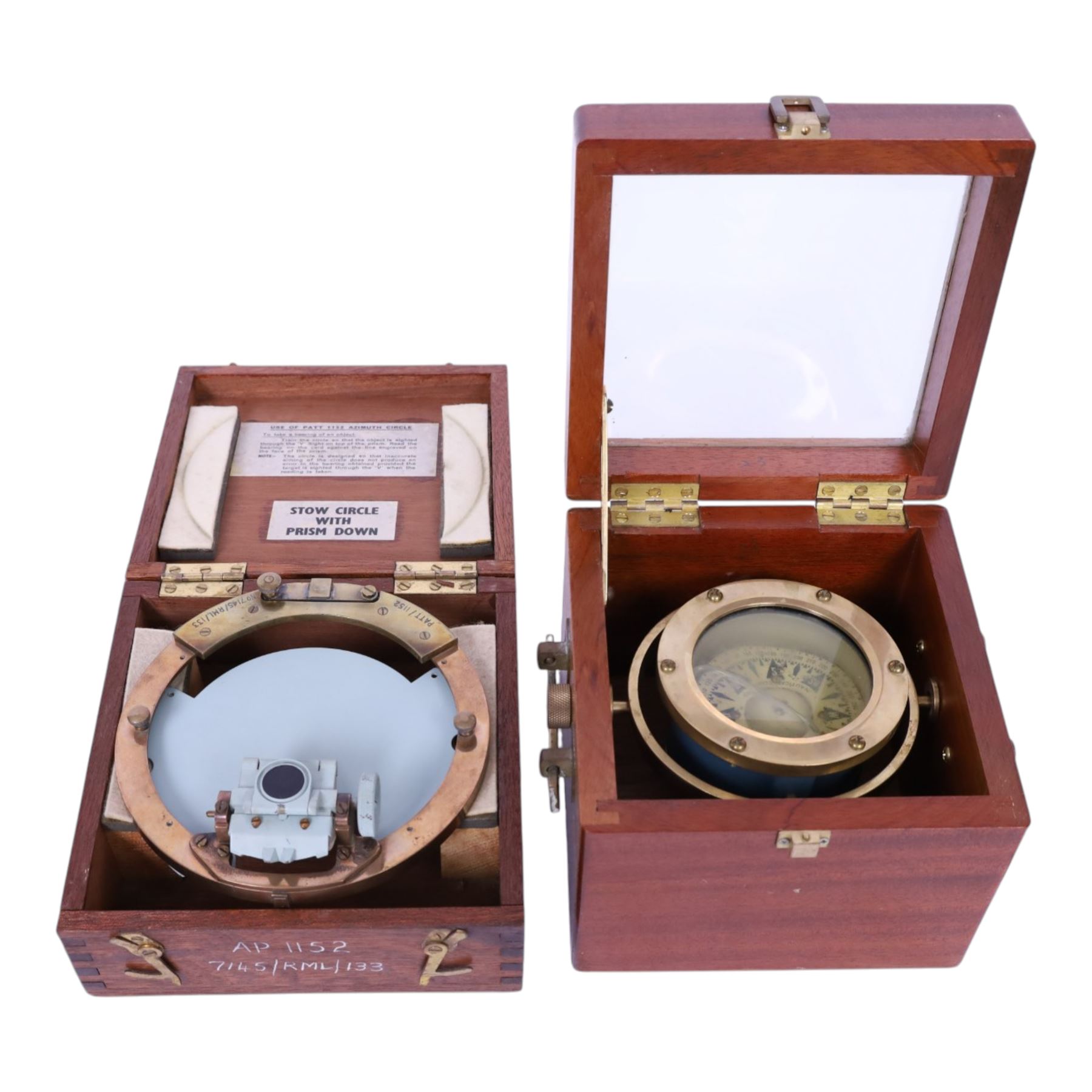 Admiralty pattern Azimuth circle, no. 1152 and a brass nautical compass on gimbal, both in wooden cases