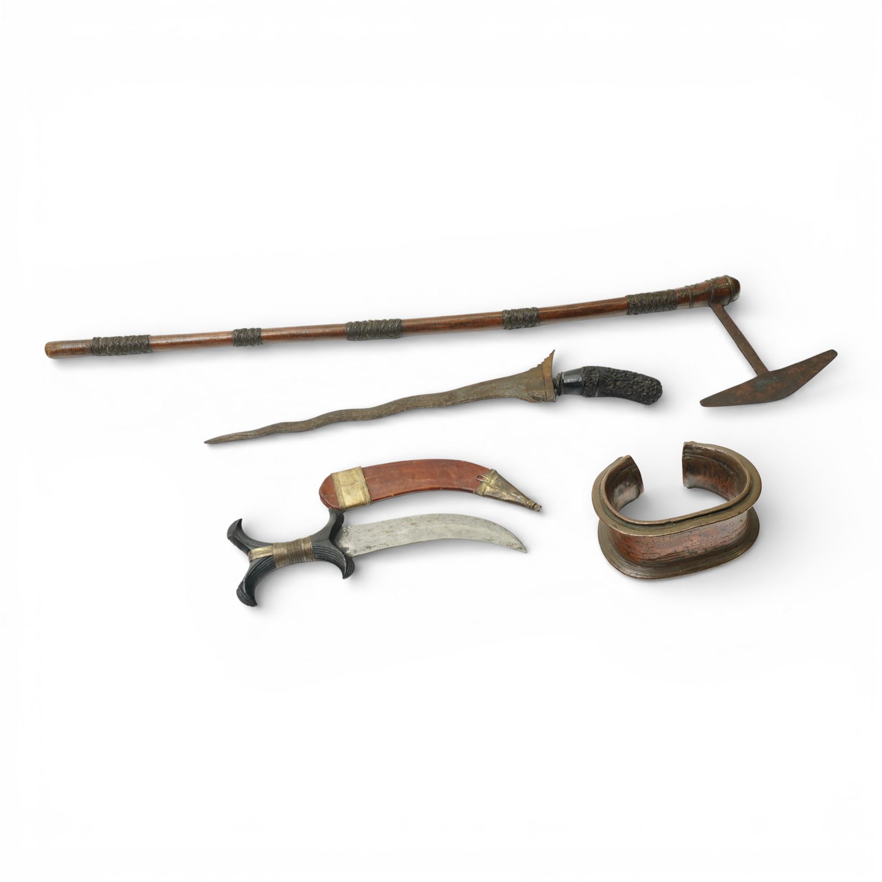 African copper currency bangle, African axe, African dagger and Malayan kris (4)
