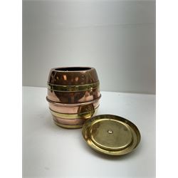Victorian copper gallon haystack measure jug, H30cm, copper and brass biscuit barrel, circular copper dish on three ball feet stamped CB, another copper bowl and brass plate decorated with a Friars Crag (5)