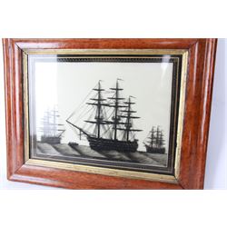 19th century monochrome ship silhouette, reverse painted on glass, within Verre Eglomise border inscribed 'HMS Royal Sovereign 100 Guns Vice Admiral C.Collingwood', in a birds eye maple frame, painting H31cm, W41cm