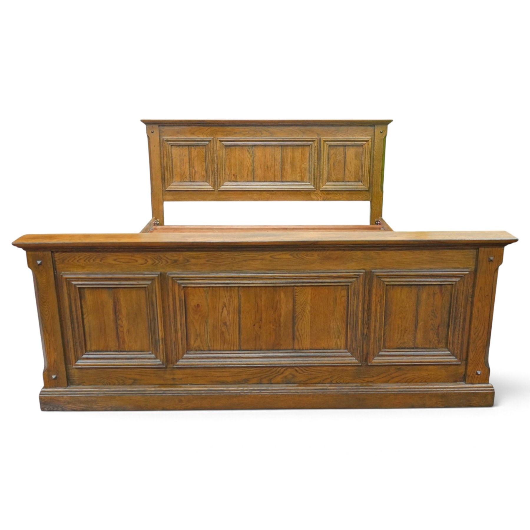 Contemporary oak superking sized bed and unused mattress, panelled headboard and footboard, with slats and superking William Night 'Rock Firm' mattress  