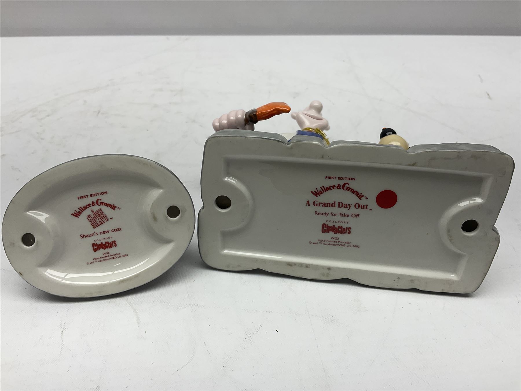 Six Coalport Characters Wallace and Gromit figures, comprising Ready for Takeoff, Woolshop Encounter, Do Something Gromit, Shaun's New Coat, More Cheese Gromit and Happy Birthday Gromit, two with original boxes 