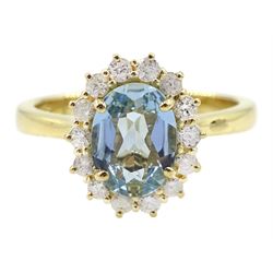 18ct gold oval aquamarine and diamond cluster ring, hallmarked, aquamarine approx 1.00 carat, total diamond weight approx 0.30 carat