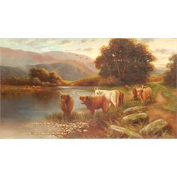 English School (19th/20th century): Highland Cattle in a Landscape, oil on board unsigned 32cm x 62cm