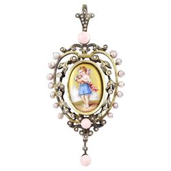 19th century silver pearl locket pendant, set with an oval painted enamel plaque of a cher...