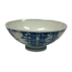 Chinese blue and white tea bowl decorated with birds and leaves, two character mark to base