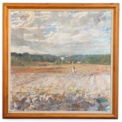 John Gilbey Bowles (British 1929-2011): 'The Challenge' - Fox and Hunter, oil on canvas signed, titled on artist's label verso 95cm x 95cm