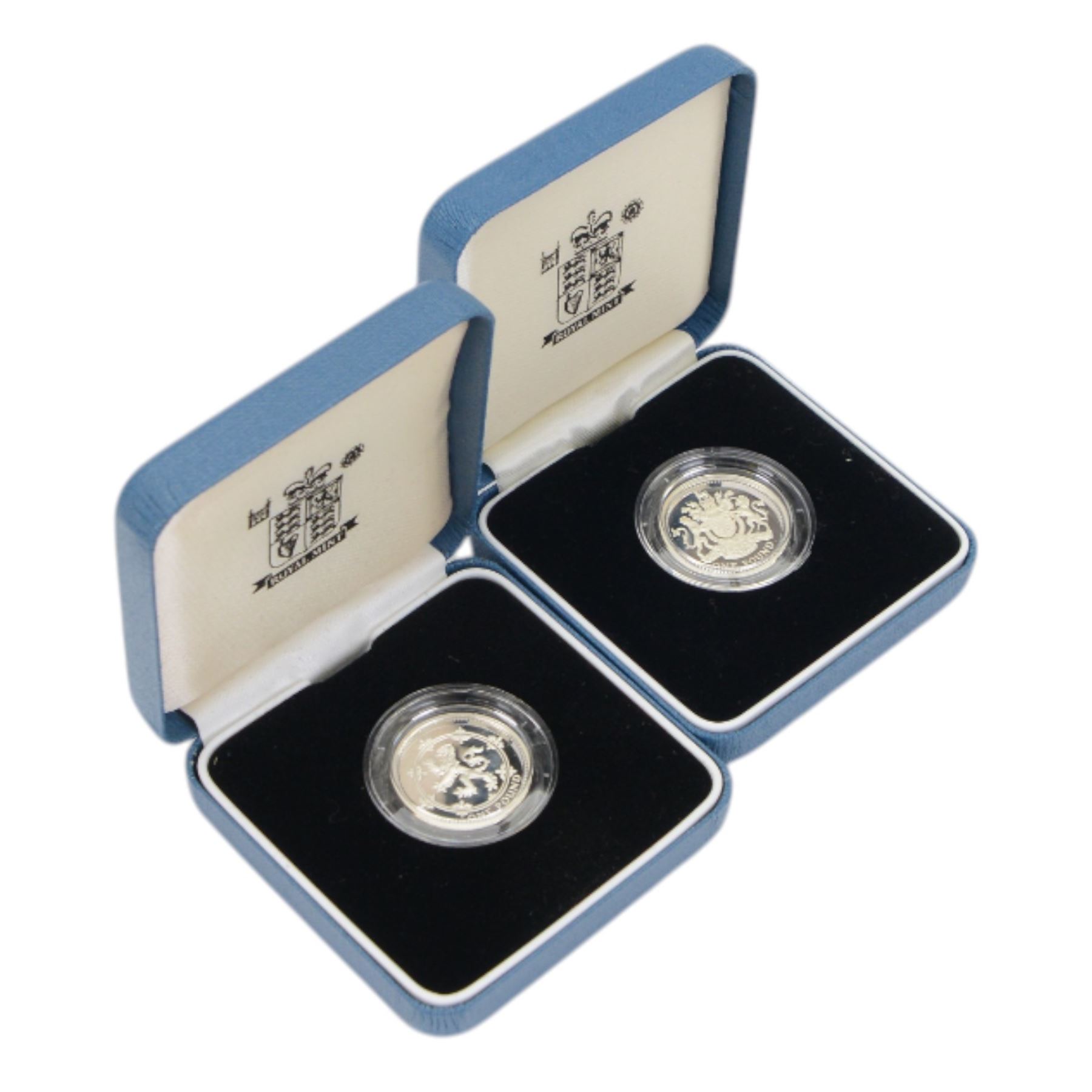 Twelve The Royal Mint United Kingdom silver proof one pound coins, comprising 1983, 1984, 1988, 1989, 1992, 1993, 1994, 1996, 1996 piedfort, 1998, 1999, and 2001, cased with certificates