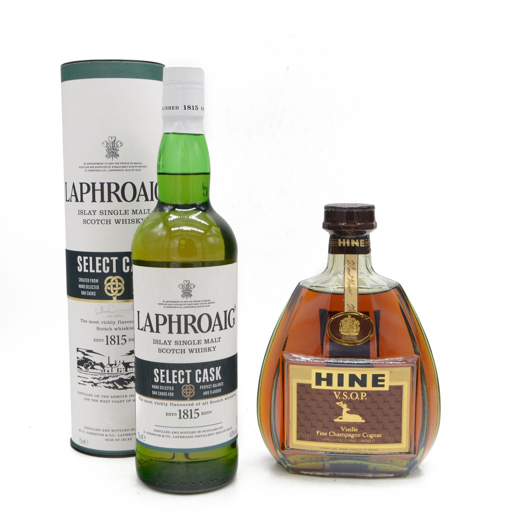Laphroaig single cask scotch whisky, 70cl 40% vol, together with Hine Fine Champagne Cognac 68cl 40% vol 
