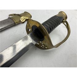 Reproduction American Civil War Cavalry trooper's sword, the 88cm slightly curving fullered steel blade marked to the ricasso 'Ames & Co Chicopee Mass.' and 'US ADK 1862'; brass hilt and leather covered grip; in steel scabbard L110cm overall;  and another reproduction sword (2)