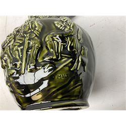 Three jardinières comprising West German Gerz example decorated in relief, Doulton Slaters example with frilled everted rim and a majolica example, and a further two Arthur Wood majolica jugs (5)