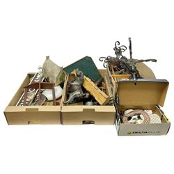 Composite model of spaniel, signed P Tavener, brass walnut shell nut cracker, pipe paraphernalia, carved wooden items, Victorian warming stool and other collectables etc, in four boxes