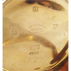 Early 20th century 9ct gold open face keyless lever pocket watch by American Watch Company, Massachusetts, No. 22993016,  white enamel dial with Arabic hour markers and subsidiary seconds dial, case by Dennison, Birmingham 1923