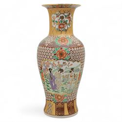 Floor vase, of baluster form with fluted rum, the central panel with figures in a landscape, within a geometric design, H95cm+ 