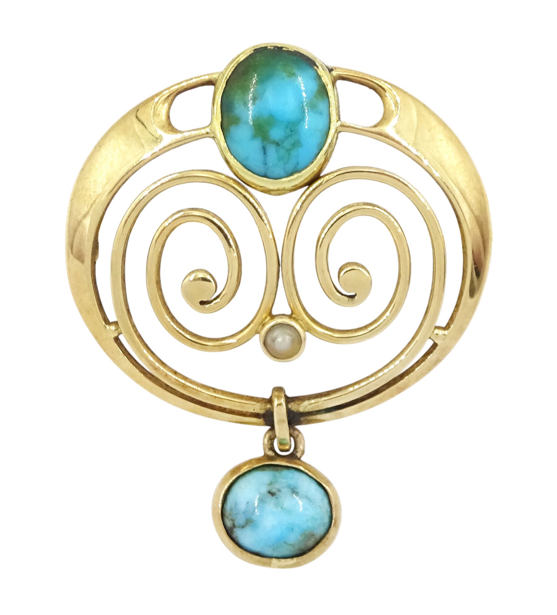 Murrle Bennett Art Nouveau turquoise and seed pearl brooch, stamped 15ct