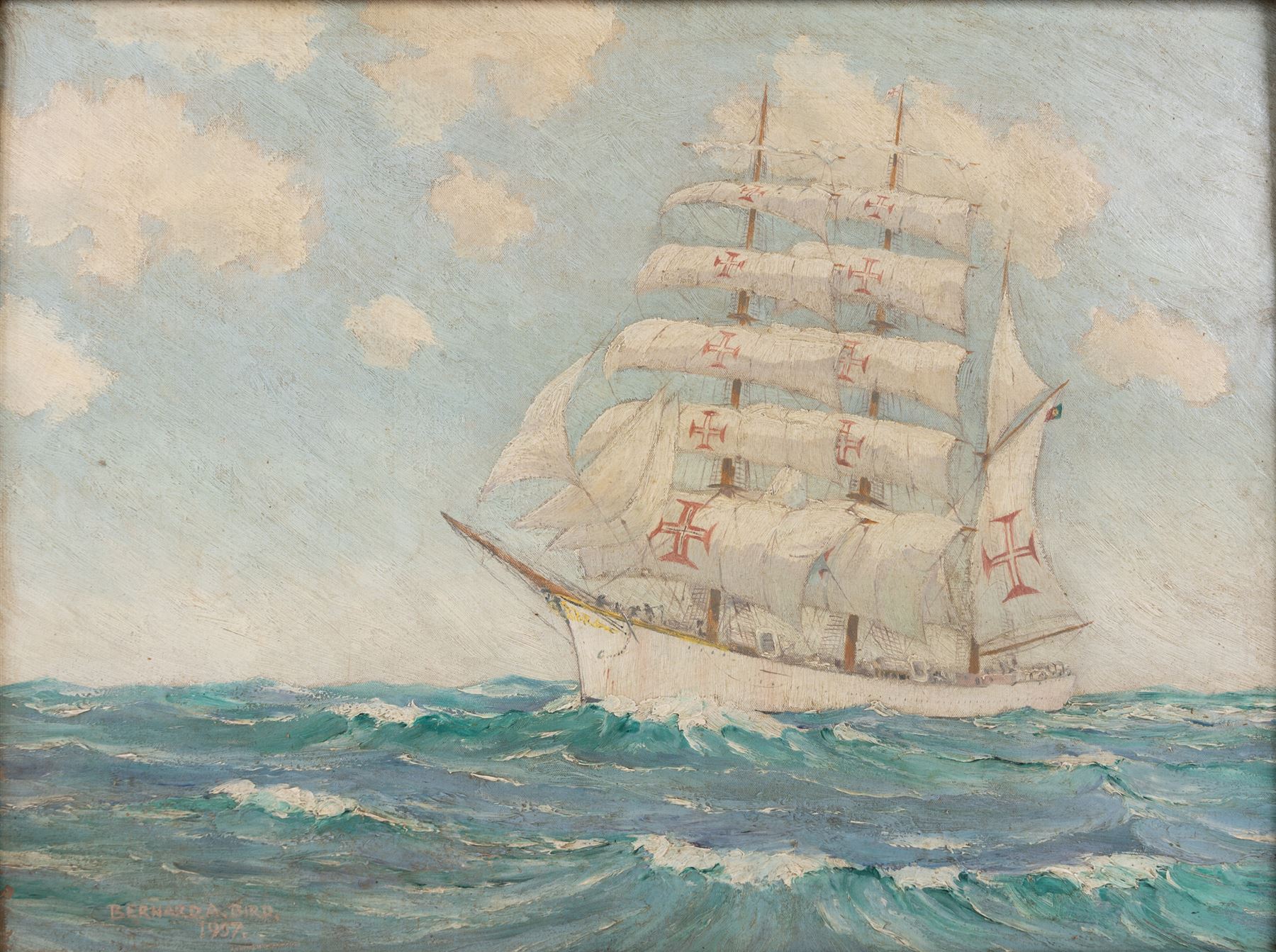 Bernard A Bird (British 20th Century): Portugese Sagres Ship, oil on canvas board signed and dated 1937, 44cm x 59cm 
