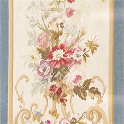 Aubusson flatwoven runner, cream field decorated with floral bouquets and scrolling foliate cartouche, within pale blue outer border and ochre guard bands
