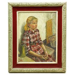 Brian Vale (British 1930-2008): Portrait of a Girl with a Green Jug, oil on canvas signed and dated '58, 45cm x 34cm