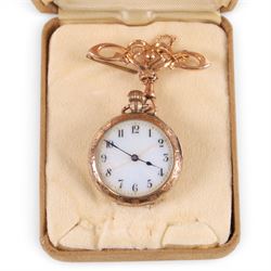 Early 20th century 9ct gold keyless cylinder fob watch, London import mark 1908, with 9ct rose gold brooch stamped 9c