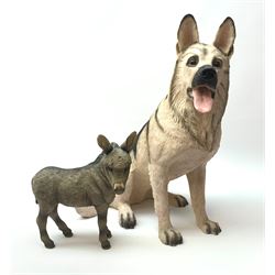A large Regency Fine Arts model of a German Shepherd, H45cm together with a similar style model of a Donkey (2)