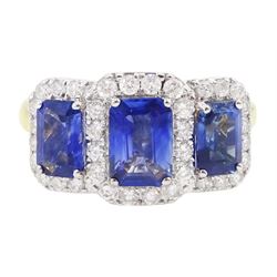 18ct gold sapphire and diamond cluster ring, three emerald cut sapphires, with round brilliant cut diamond surround, hallmarked, total sapphire weight approx 2.25 carat, total diamond weight approx 0.50 carat