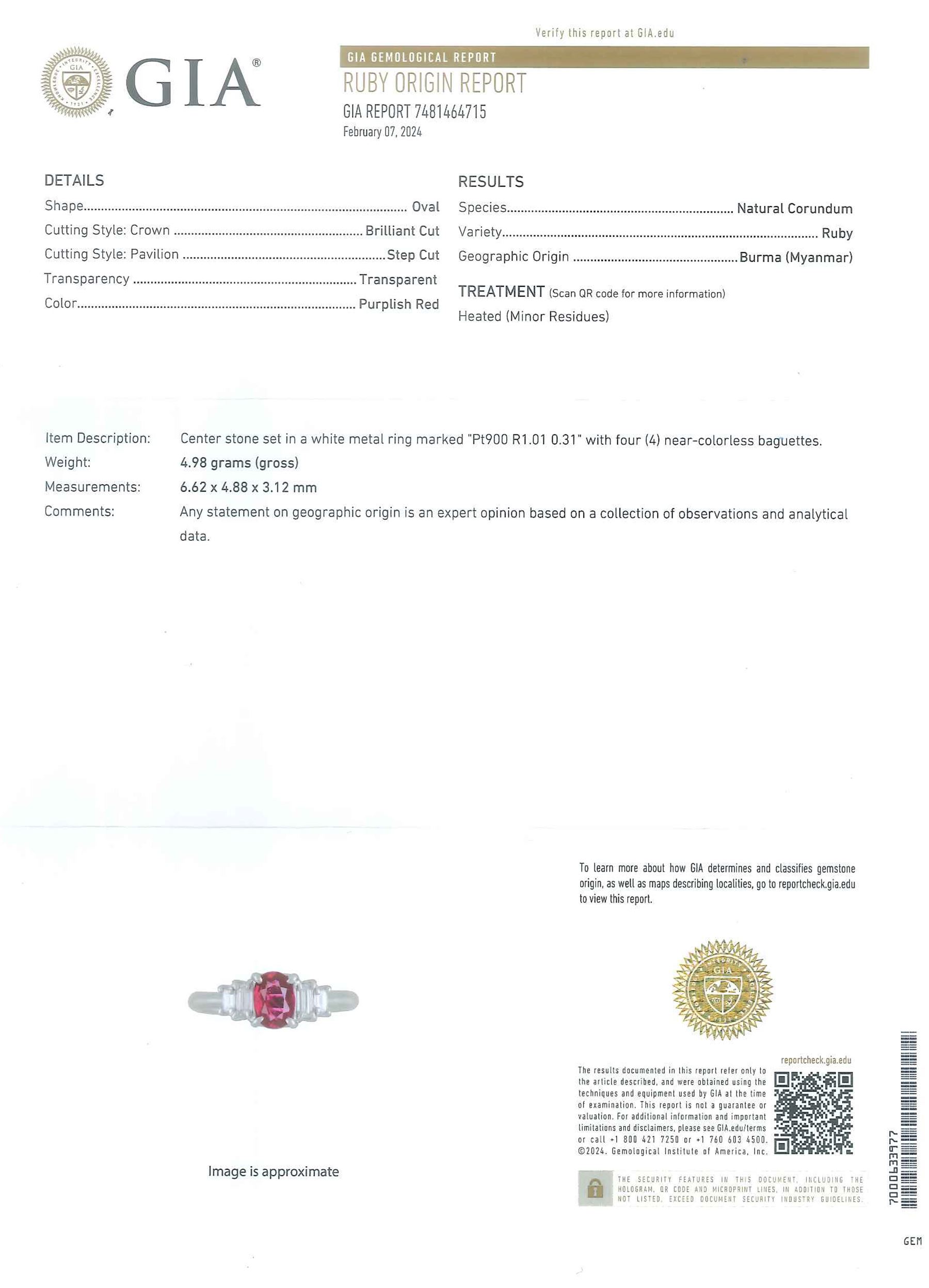 Platinum five stone oval cut Burmese ruby and baguette cut diamond ring, engraved 'PT900 R1.01 0.31', with GIA report