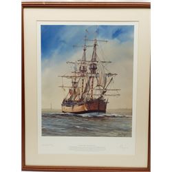 Adrian Thompson (British 1960-): 'Setting the Sail for Home' - HM Bark Endeavour, limited edition colour print signed dated '98 and numbered 97/500 in pencil 49cm x 37cm; RJ Wakefield (British 20th century): USS Constellation vs L'Insurgente, watercolour signed 28cm x 40cm (2)