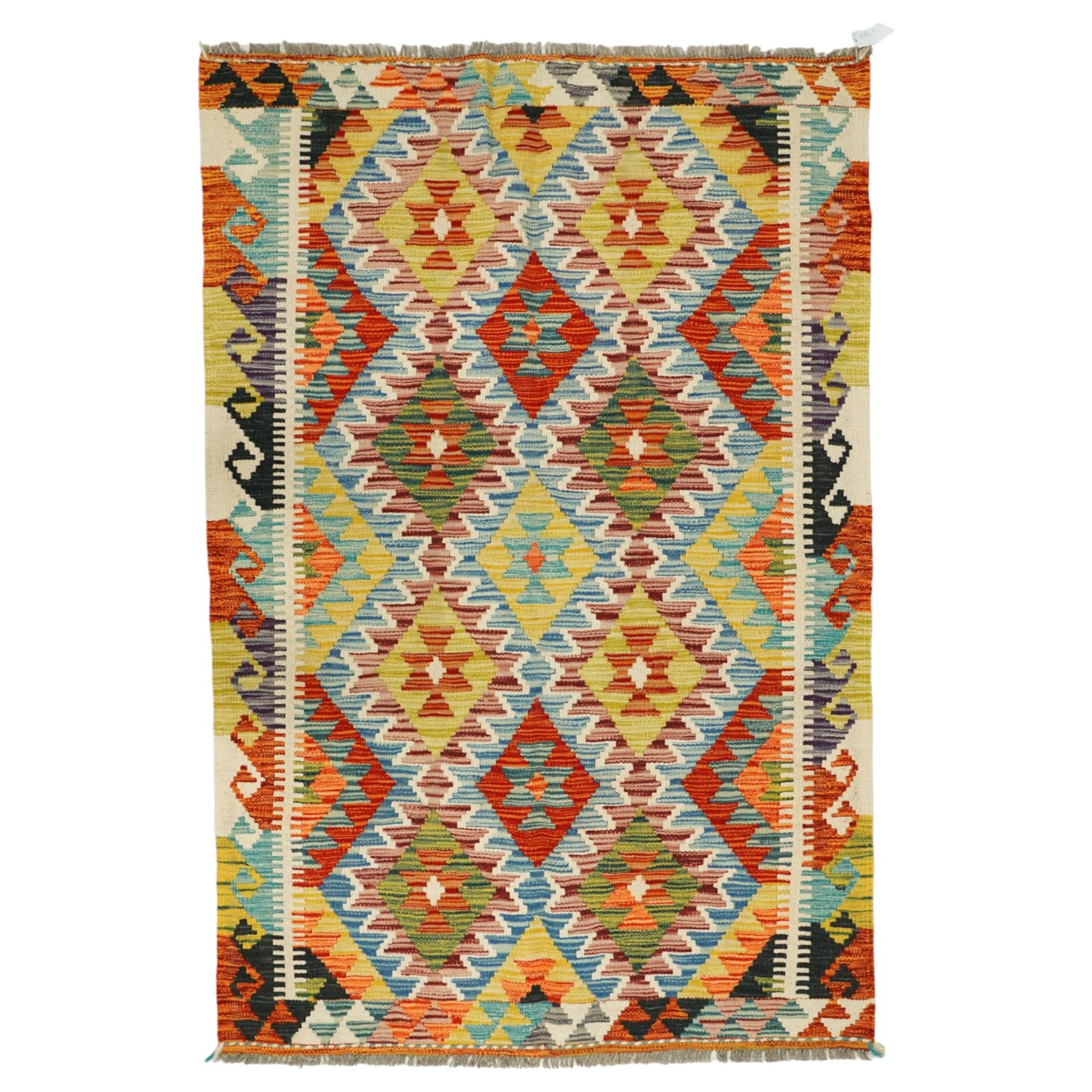 Chobi kilim with staggered diamond and stepped lozenge motifs in a palette of mustard, rust, teal, lilac and cream, the design enclosed by patterned guard stripes