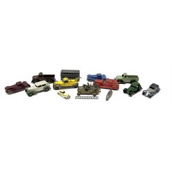 Various Makers - thirteen unboxed and playworn early die-cast models comprising three DG Models cars; two open back trucks; breakdown truck and fire-car; Britains small-scale Sedan; two coupe cars; Johillco double deck bus; Fire-Engine with four fire-men; and battleship on wheels (13)