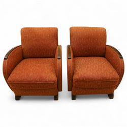 Mid-20th century Art Deco revival upholstered armchairs, shaped sprung backs and seats wit...