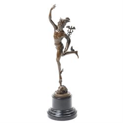 After Giambologna (Italian 1529-1608)- Bronze figure of Mercury holding the caduceus, with...