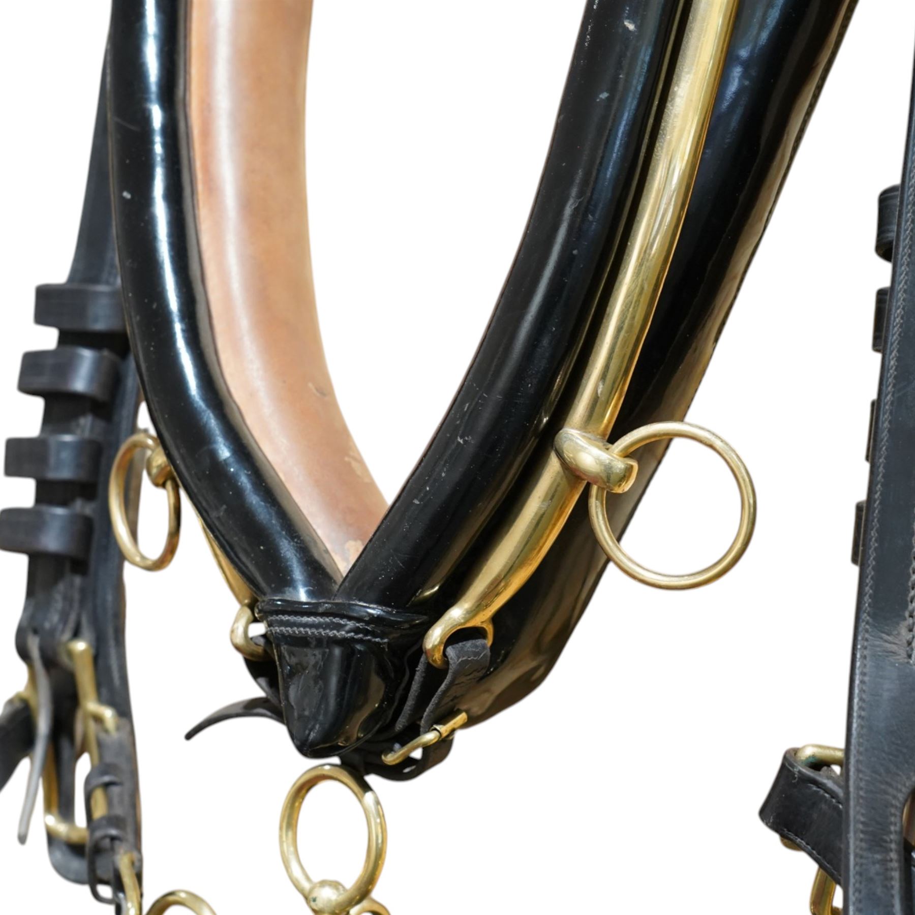 John McDonald - team set of black leather and brass harness, including four black patent leather collars (24