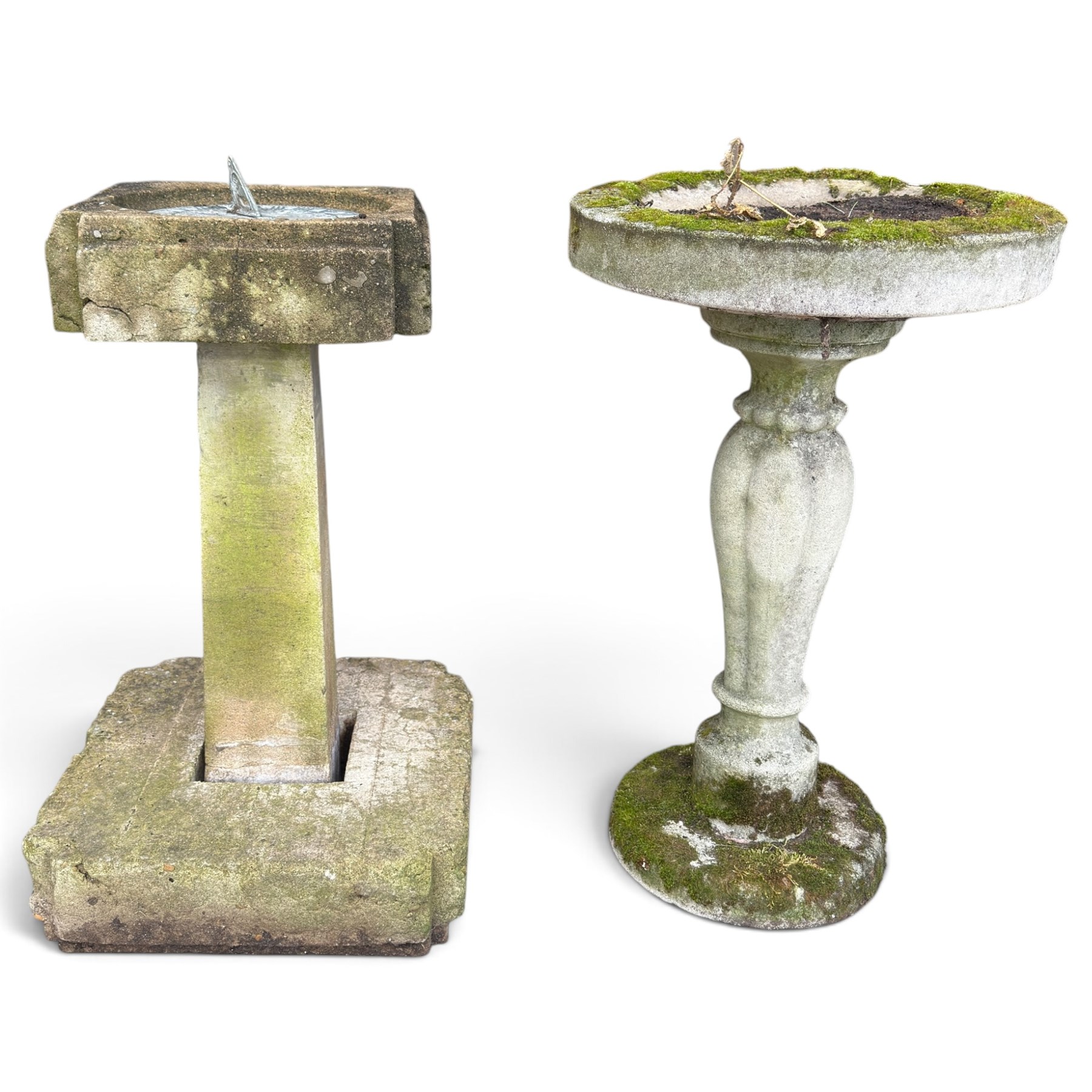 Weathered cast stone birdbath, circular bowl over a lobed baluster pedestal on circular base; weathered cast stone sundial of squared form with re-entrant corners and removable metal sundial with personified death motif