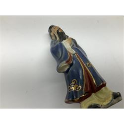 Japanese parquetry puzzle box L12cm; another Japanese puzzle box with marquetry top of Mount Fuji; eleven graduated Chinese figures including immortals; and Chinese figure of a lady standing on a hardwood base next to a horn table (14)