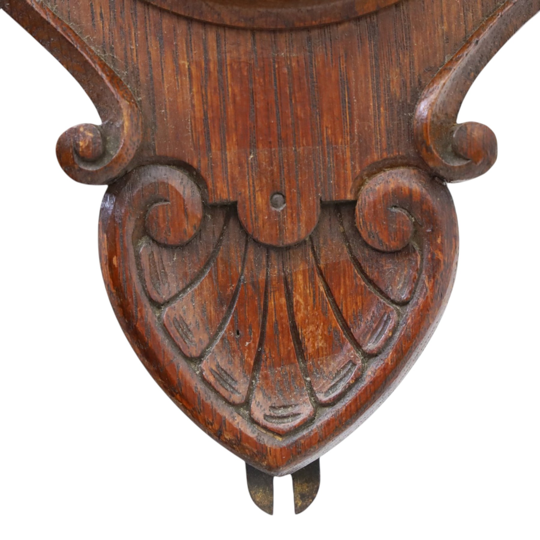 Victorian carved oak aneroid barometer, the foliate crest above a glazed thermometer, with scroll carved sides and circular dial below, H  60cm