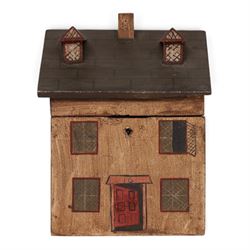 Wooden box in the form of a house, with hand painted details, H23cm