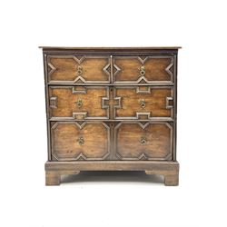 18th century and later oak chest, fitted with four drawers, the drawers with applied geometric mouldings, on bracket feet