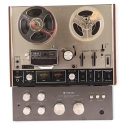 Akai 4000DS MKII reel to reel tape deck, with a Trio KA-1500 MKII Stereo Amplifier, pair of Hitachi SS-8470G MKII speakers, Wharfedale 30-D single speaker and a collection of tapes